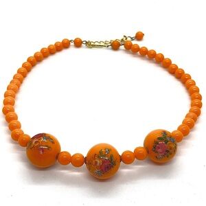 Vtg W Germany Small Orange Bead & Large Painted Flower Floral Necklace 15”+ 2.5”